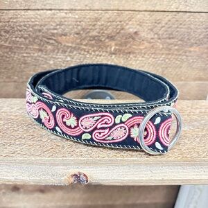 Talbots Black Belt with Pink and Green Embroidery